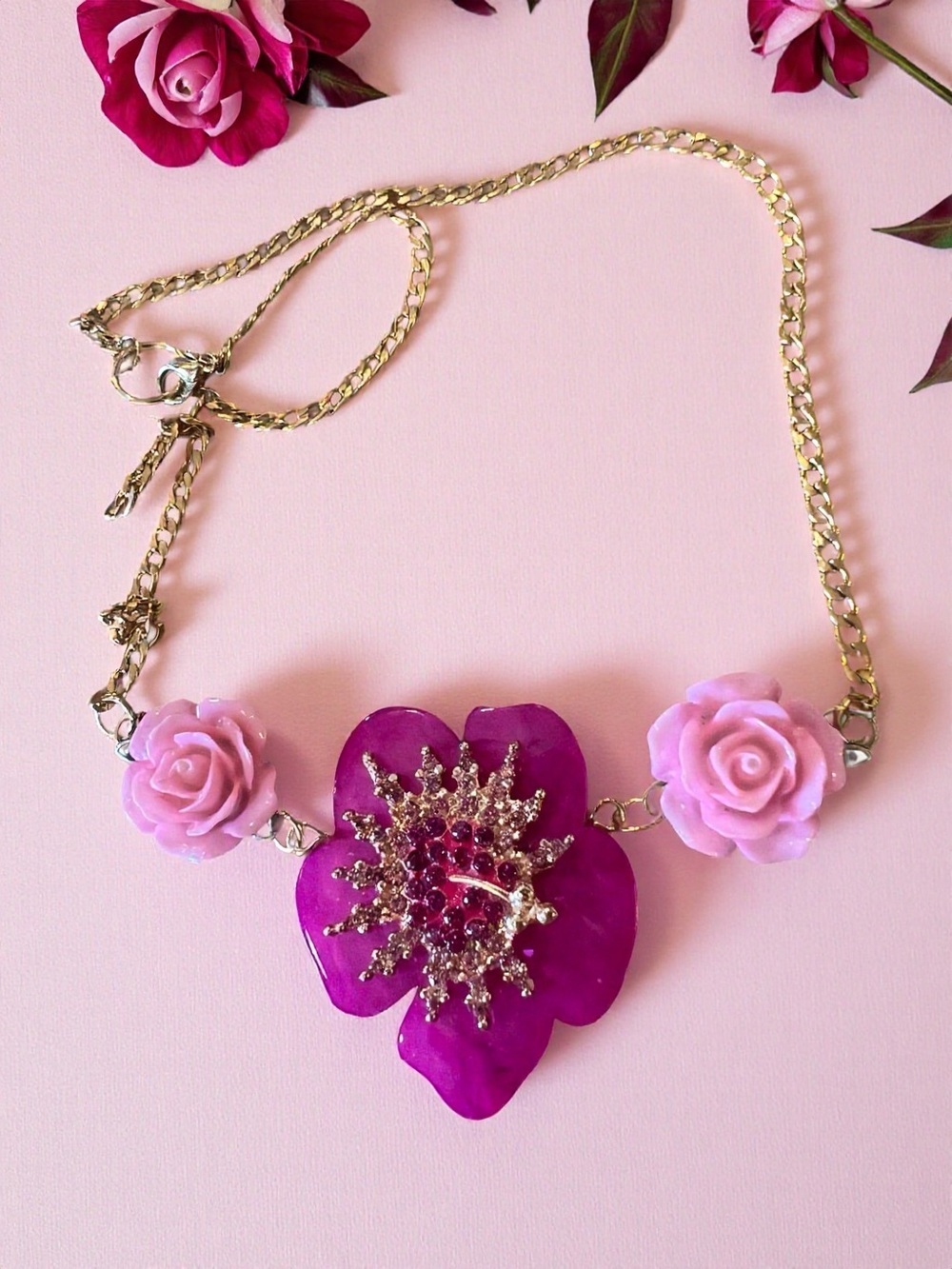 Gold-Tone Necklace with Magenta Pendant and Pale Pink Roses Rhinestone Accents